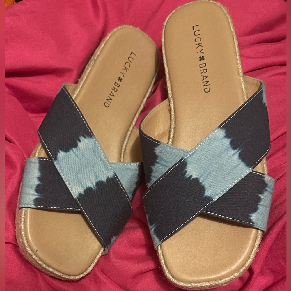 Lucky Brand Navy Blue & Light Blue Slide Sandals with Wide Strap